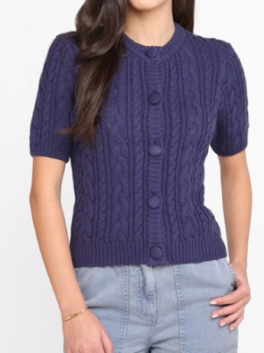 NWT size XS Short-Sleeve Cable Knit Cardigan Sweater - Deep Blue